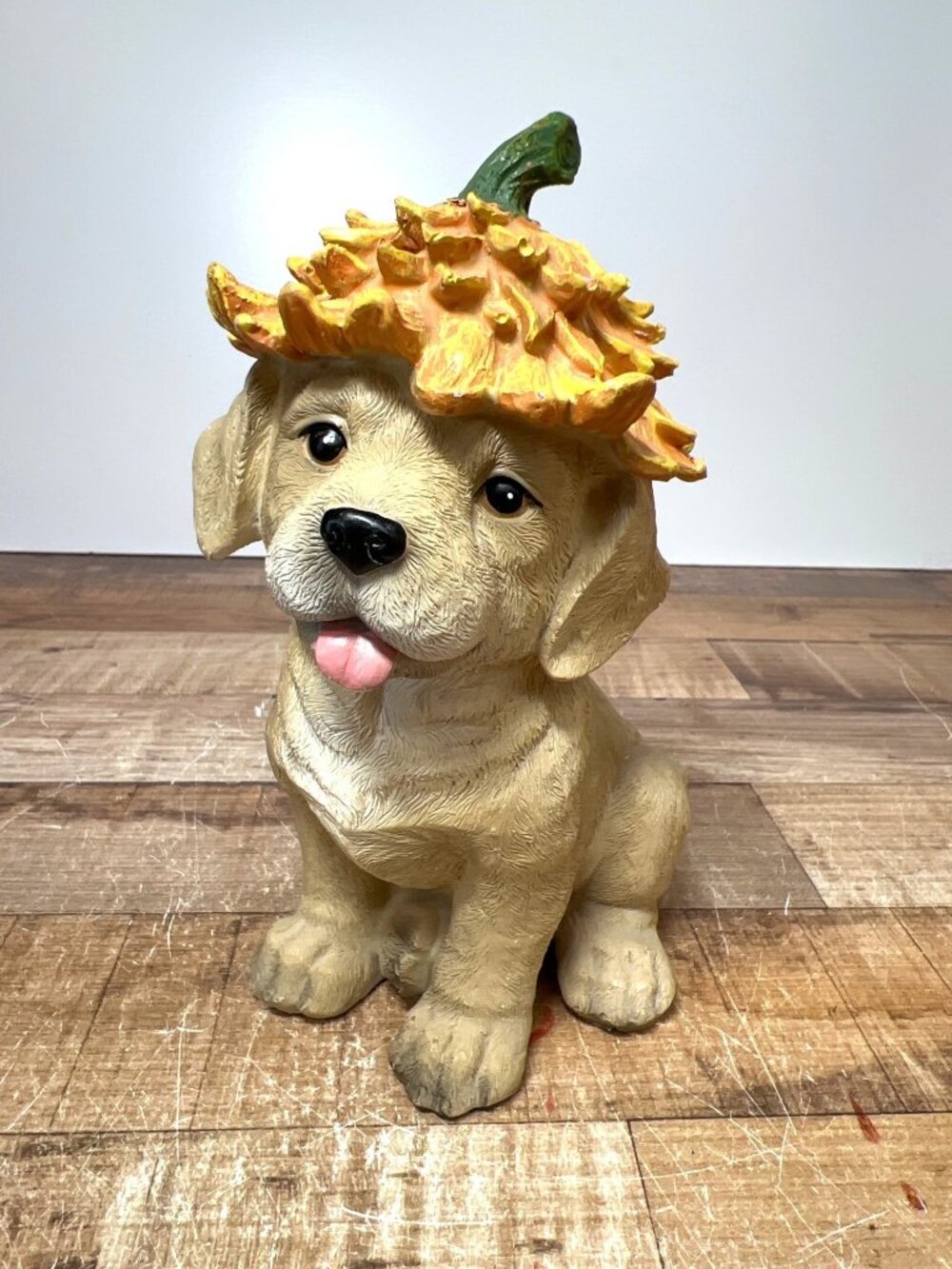 Dog Figurine With Sunflower Hat Hand-Painted Resin